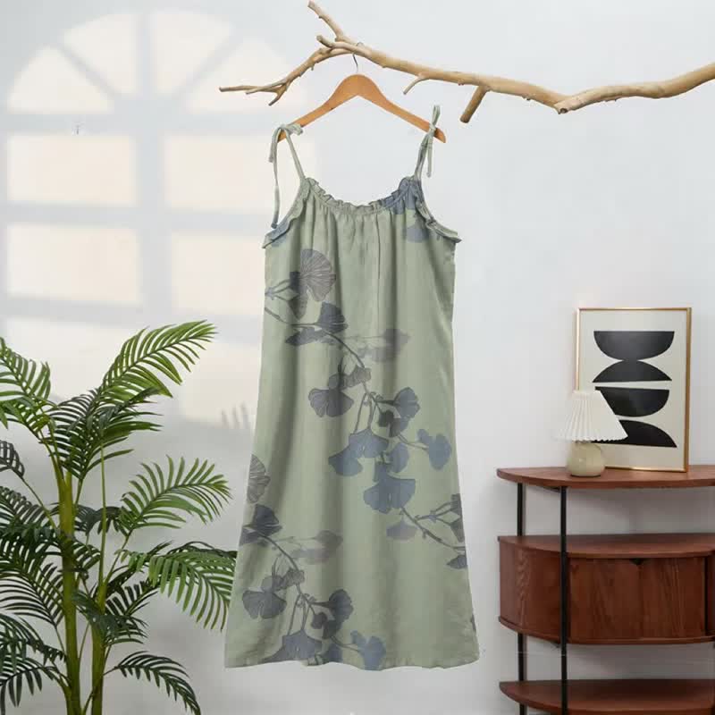 Robe midi d'intérieur en coton à bretelles et motif feuille de ginkgo Ownkoti - image 6