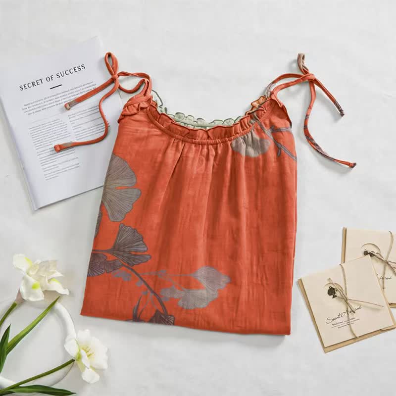 Robe midi d'intérieur en coton à bretelles et motif feuille de ginkgo Ownkoti - image 12