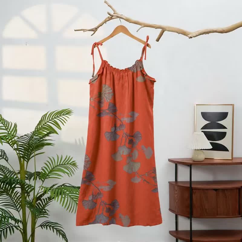 Robe midi d'intérieur en coton à bretelles et motif feuille de ginkgo Ownkoti - image 11