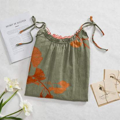 Robe midi d'intérieur en coton à bretelles et motif feuille de ginkgo Ownkoti - image 17