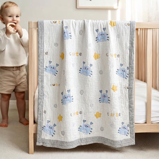 Couverture bébé matelassée en lyocell à motif crabe bleu Ownkoti - Blanc et bleu - Double - image 0