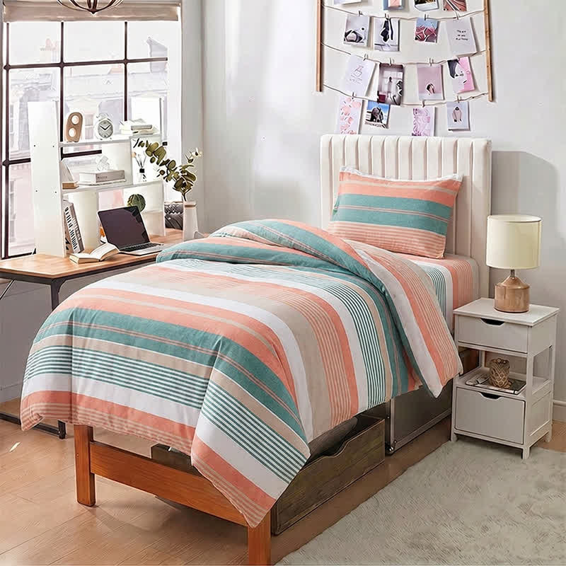 Ensemble de literie Ownkoti à rayures corail et turquoise pour lit simple XL - Twin XL - Rayures multicolores vertes et oranges - Ensemble de couette 3 pièces - image 0