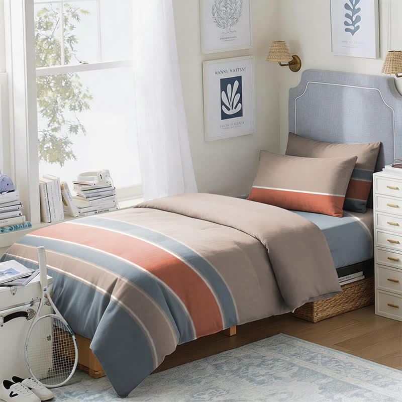 Ensemble de literie à rayures aux tons naturels Ownkoti pour lit simple XL - Twin XL - Rayures corail et bleues - Ensemble de couette 3 pièces - image 0