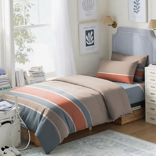 Ensemble de literie à rayures aux tons naturels Ownkoti pour lit simple XL - Twin XL - Rayures corail et bleues - Ensemble de couette 3 pièces - image 0