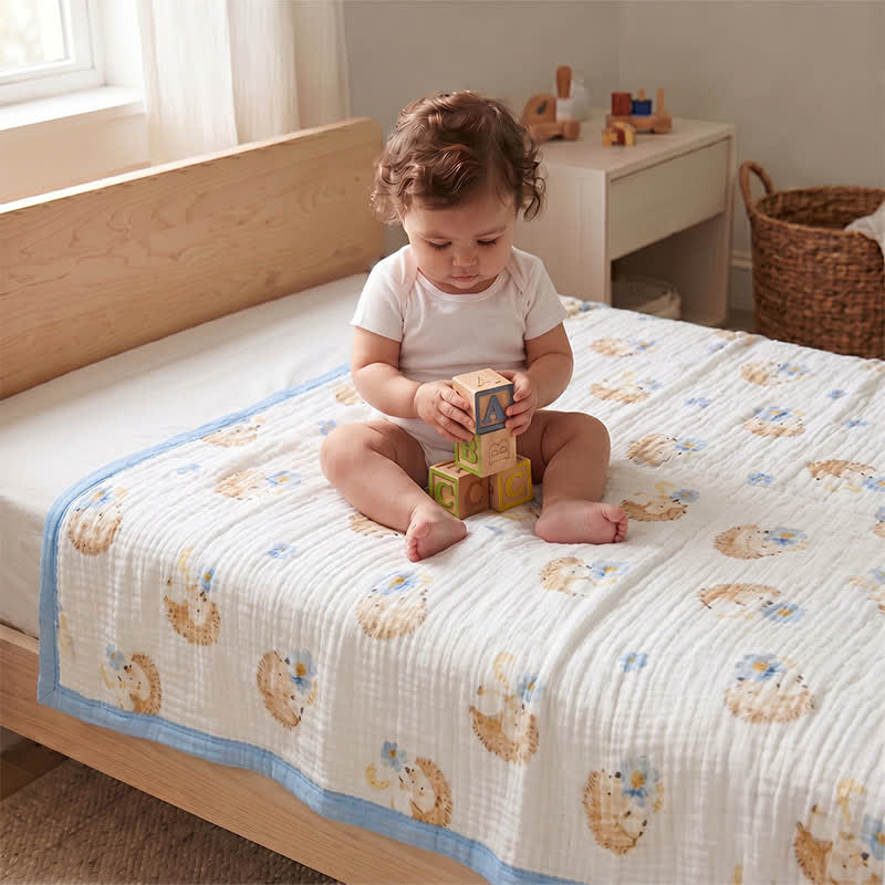 Couverture en gaze de coton Ownkoti Petit Hérisson - Blanc et bleu - Reine - image 1