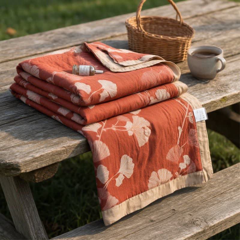 Couverture en coton à motif de feuilles de ginkgo rouges Ownkoti - Rouge terracotta - 90" x 92" - image 0