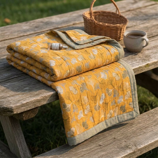Couverture réversible en coton Ownkoti Golden Ginkgo - Orange - 90" x 92" - image 0