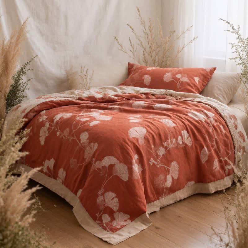 Couverture en coton à motif de feuilles de ginkgo rouges Ownkoti - image 1