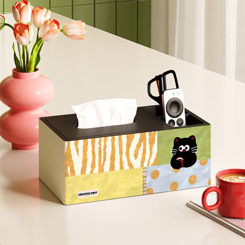 Boîte à mouchoirs en bois Ownkoti Playful Cat Patchwork - Multicolore - 11 po L × 6 po l × 5 po H - Avec support pour télécommande - image 2