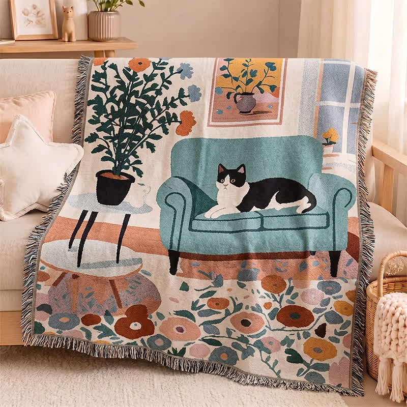 Couverture à franges tissées Ownkoti Boho Cat - Multicolore - 51 po L × 71 po l - image 0