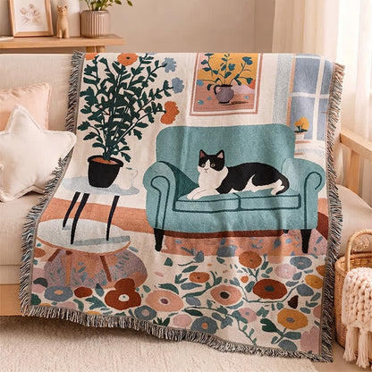 Couverture à franges tissées Ownkoti Boho Cat - Multicolore - 51 po L × 71 po l - image 0