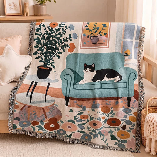 Couverture à franges tissées Ownkoti Boho Cat - Multicolore - 51 po L × 71 po l - image 0