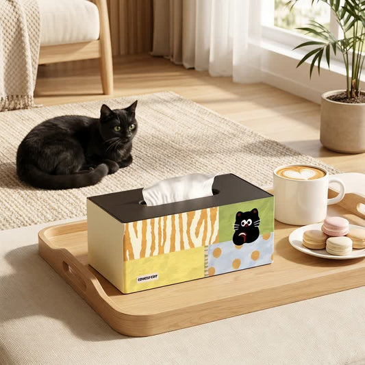 Boîte à mouchoirs en bois Ownkoti Playful Cat Patchwork - Multicolore - 11 po L × 6 po l × 5 po H - Classique - image 0