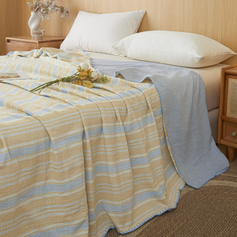 Couvre-lit réversible en coton à rayures douces Ownkoti - Rayures bleues et jaunes - 79" × 91" - image 0