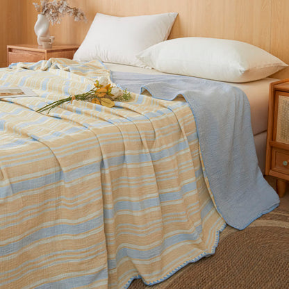 Couvre-lit réversible en coton à rayures douces Ownkoti - Rayures bleues et jaunes - 79" × 91" - image 0