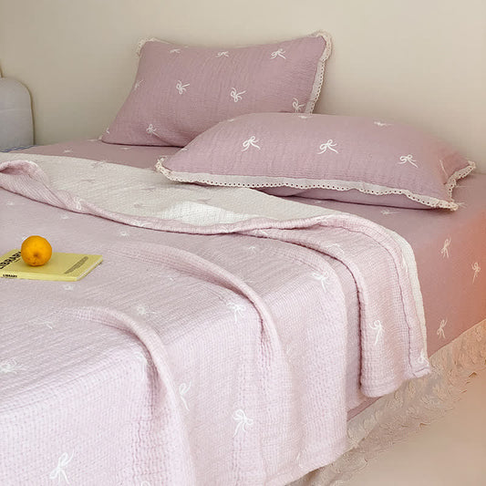 Couette d'été matelassée en lyocell à volants et nœud Ownkoti - Violet - 79" × 91" - Ensemble de literie 3 pièces - image 0
