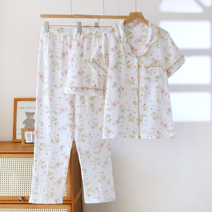Ensemble de salon confortable 3 pièces en gaze de coton à motif floral - Blanc - XL - image 0