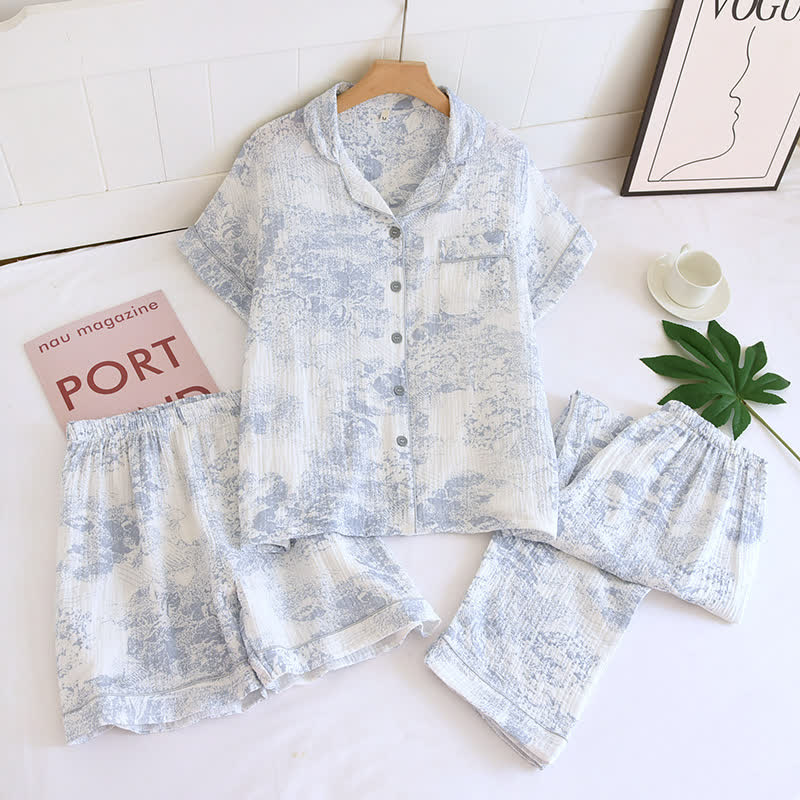 Ensemble de pyjama trois pièces en gaze de coton à motif aquarelle - Bleu - XL - image 0