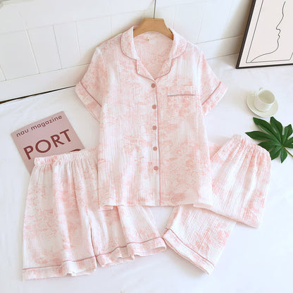 Ensemble de pyjama trois pièces en gaze de coton à motif aquarelle - Rose - XL - image 2