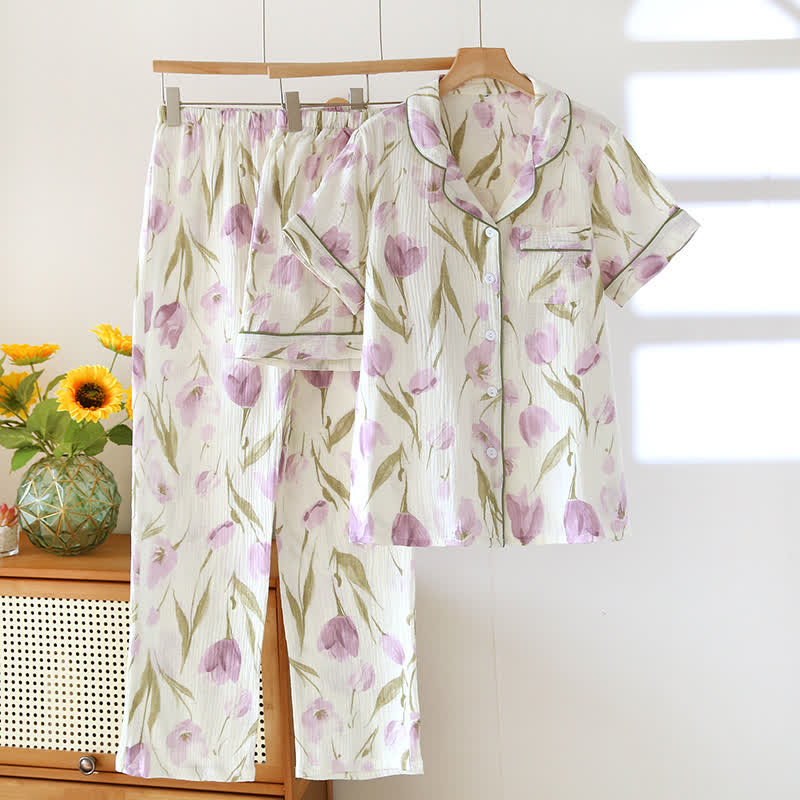Ensemble de pyjama romantique 3 pièces en gaze de coton à motif tulipe - Beige - XL - image 0