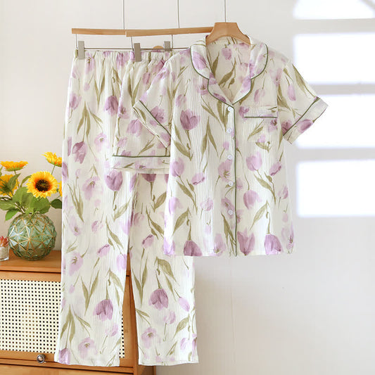 Ensemble de pyjama romantique 3 pièces en gaze de coton à motif tulipe - Beige - XL - image 0