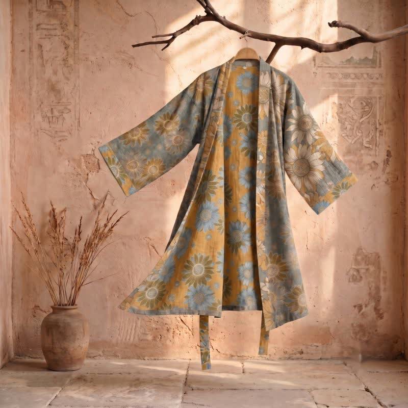 Peignoir kimono en coton à tournesol vintage Ownkoti - Gris - 2XL - image 6