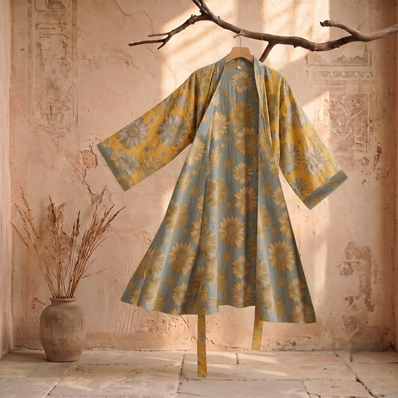 Peignoir kimono en coton à tournesol vintage Ownkoti - Orange - 2XL - image 0
