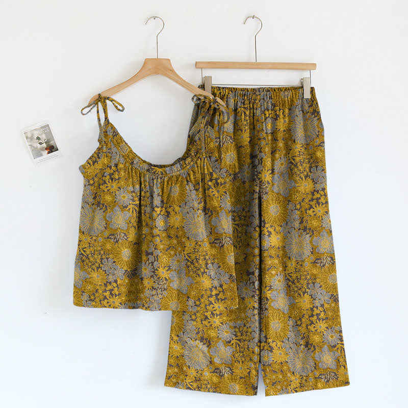 Ensemble de vêtements d'intérieur à bretelles et motif floral vintage Ownkoti - Jaune - XL - image 6