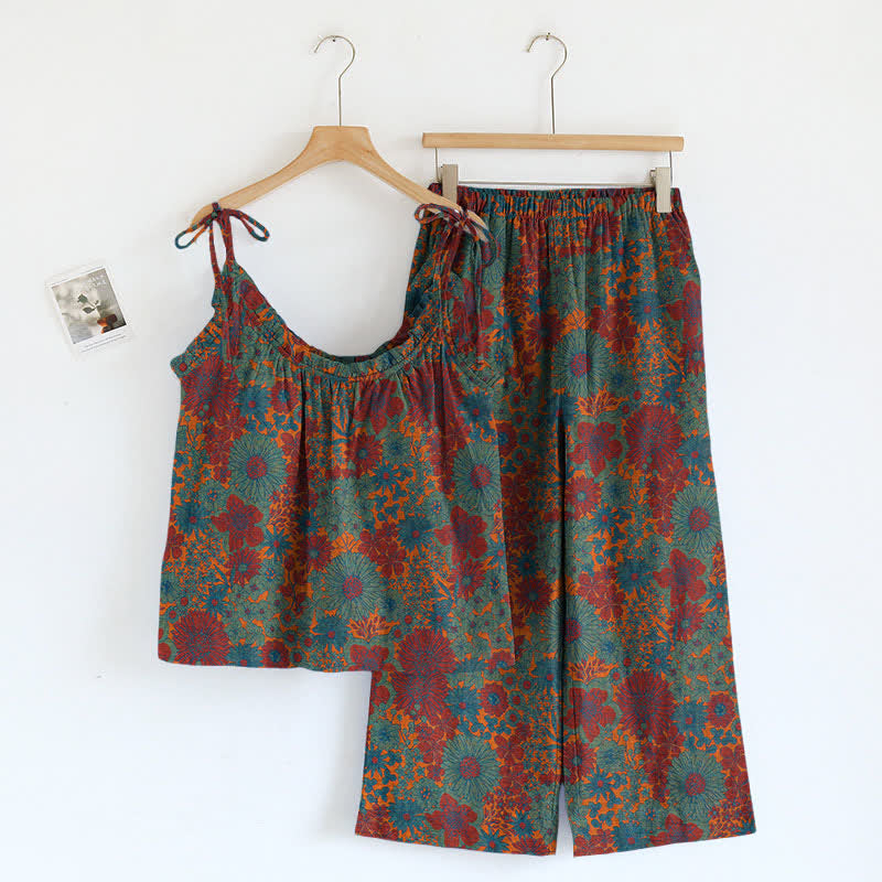 Ensemble de vêtements d'intérieur à bretelles et motif floral vintage Ownkoti - Vert - XL - image 0