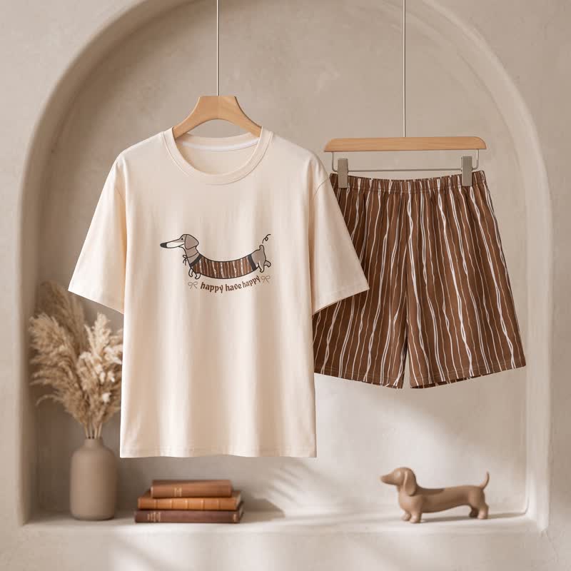 Ensemble de détente en coton Ownkoti motif teckel marchant - Blanc et café - 3XL - image 0