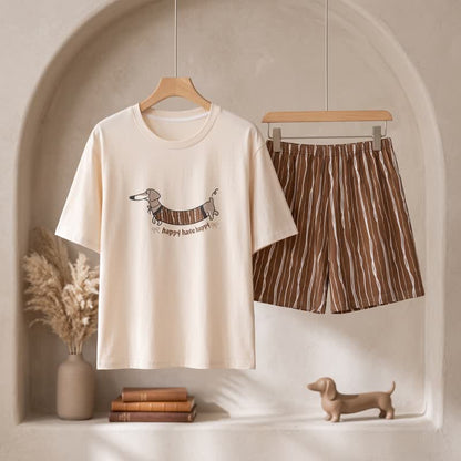 Ensemble de détente en coton Ownkoti motif teckel marchant - Blanc et café - 3XL - image 0