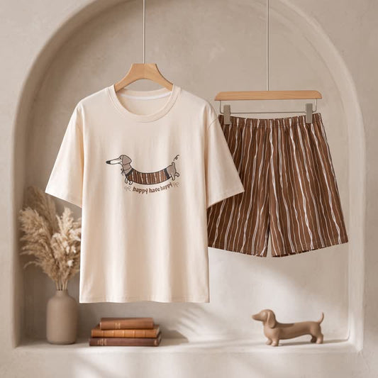 Ensemble de détente en coton Ownkoti motif teckel marchant - Blanc et café - 3XL - image 0