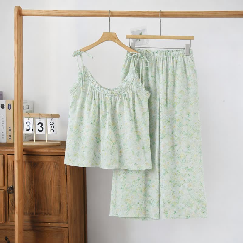 Ensemble de vêtements d'intérieur à bretelles et motif floral rose tendre Ownkoti - Vert - XL - image 0