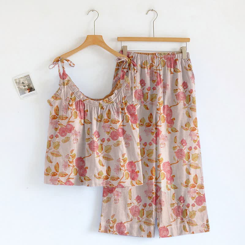 Ensemble de détente en coton à bretelles et imprimé floral rose poudré Ownkoti - Rose clair - XL - image 0