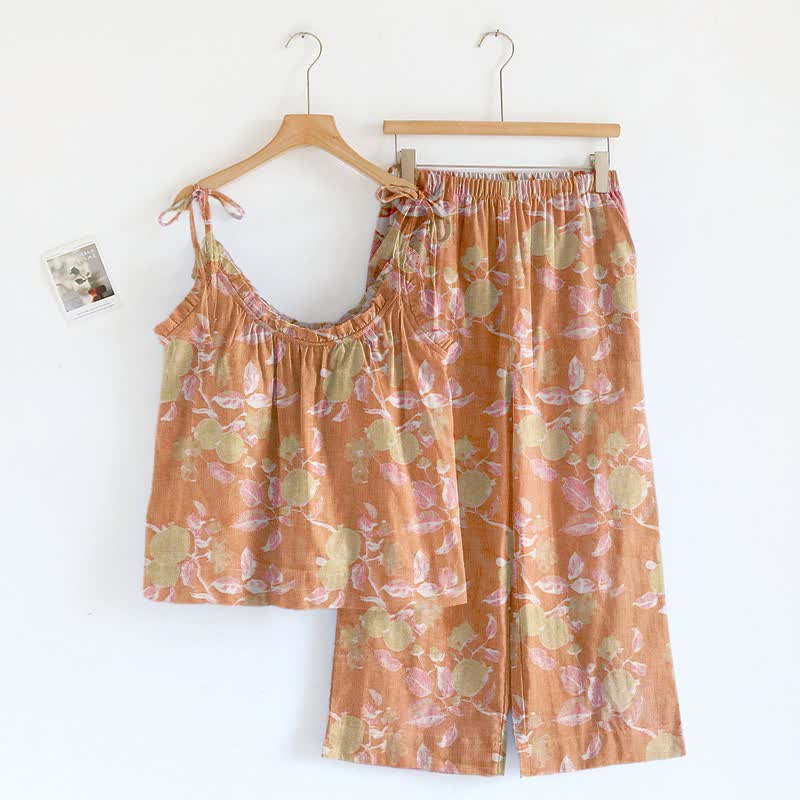 Ensemble de détente en coton à bretelles et imprimé floral rose poudré Ownkoti - Orange corail - XL - image 4