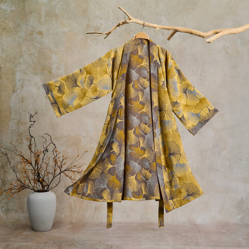 Robe de chambre Ownkoti Vintage Ginkgo Leaf en coton double gaze - Jaune - 2XL - image 0