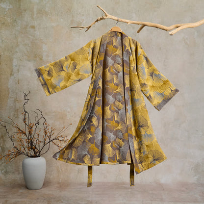 Robe de chambre Ownkoti Vintage Ginkgo Leaf en coton double gaze - Jaune - 2XL - image 0