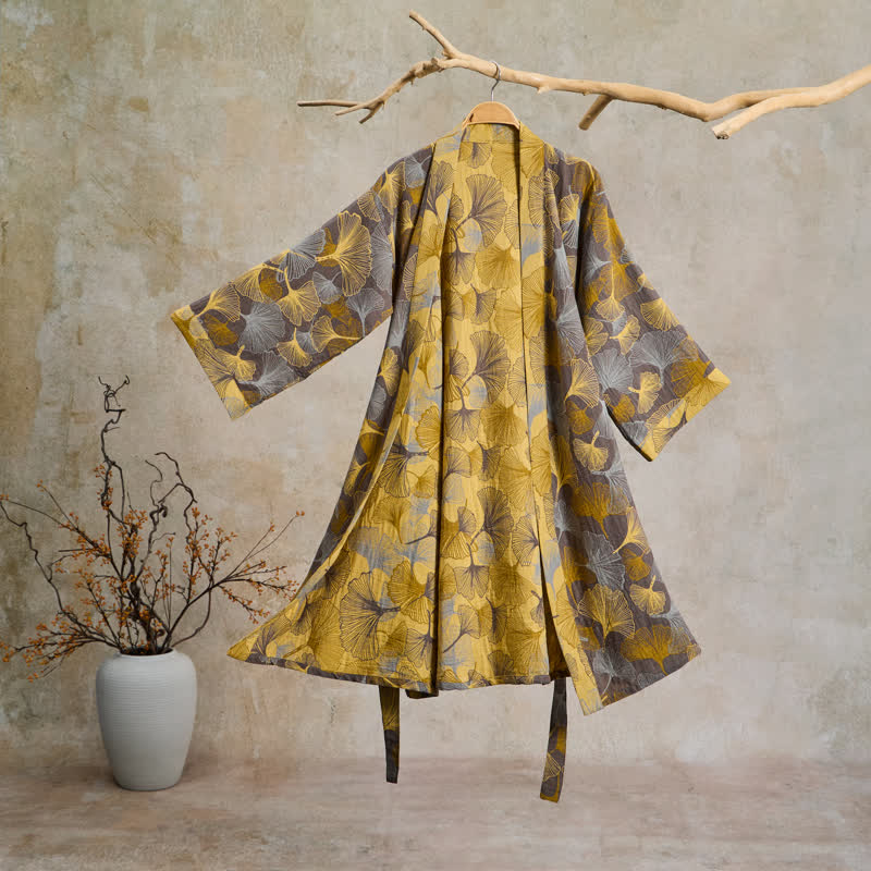 Robe de chambre Ownkoti Vintage Ginkgo Leaf en coton double gaze - Brun clair - 2XL - image 6
