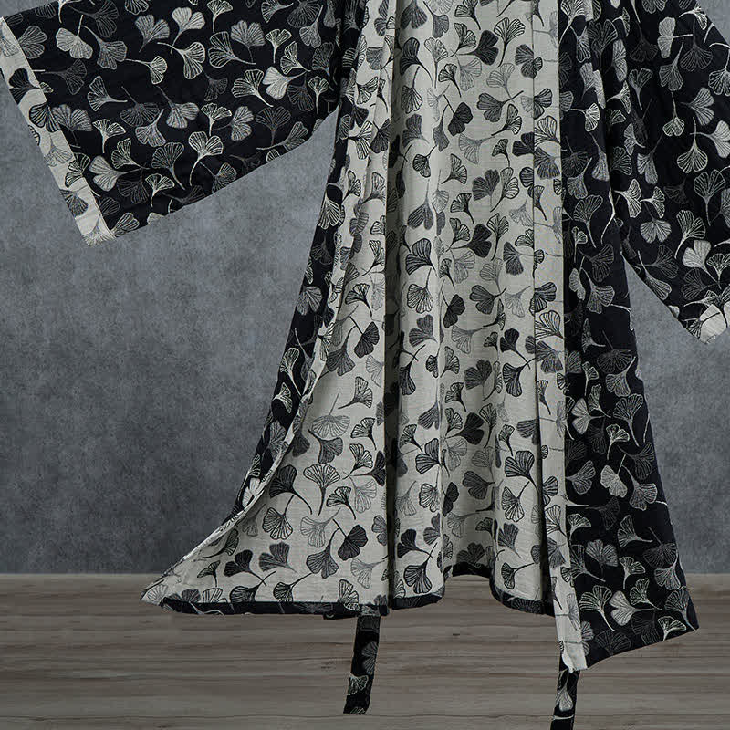 Kimono Ownkoti en coton noir et blanc à feuilles de ginkgo - image 4