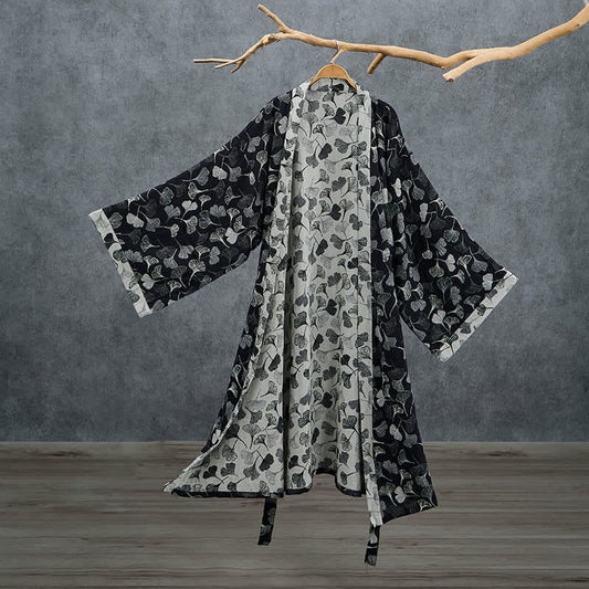 Kimono Ownkoti en coton noir et blanc à feuilles de ginkgo - Noir - 2XL - image 0