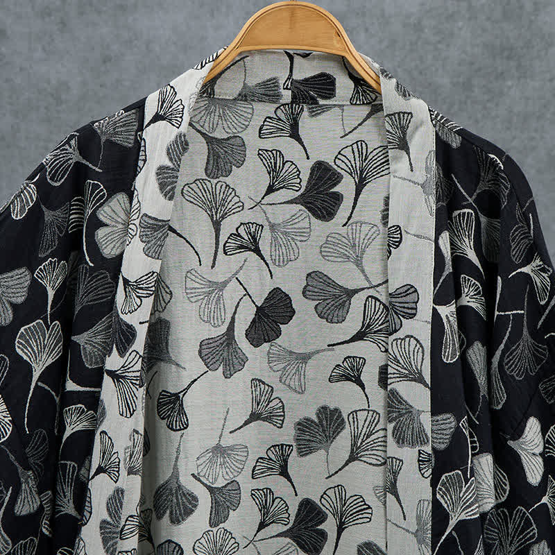 Kimono Ownkoti en coton noir et blanc à feuilles de ginkgo - image 3