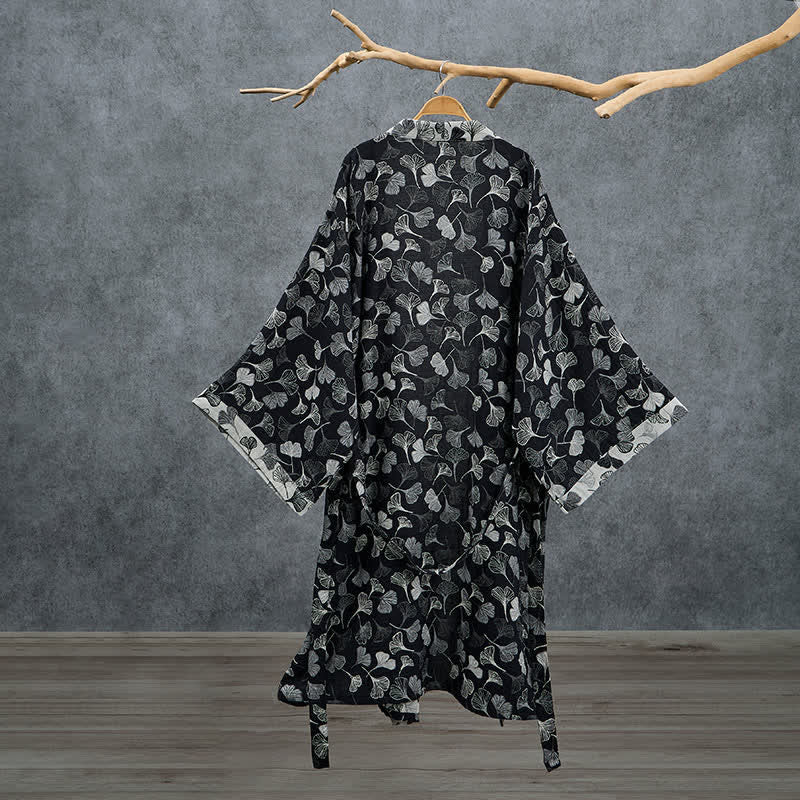 Kimono Ownkoti en coton noir et blanc à feuilles de ginkgo - image 1