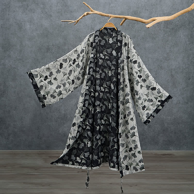 Kimono Ownkoti en coton noir et blanc à feuilles de ginkgo - Blanc - 2XL - image 7