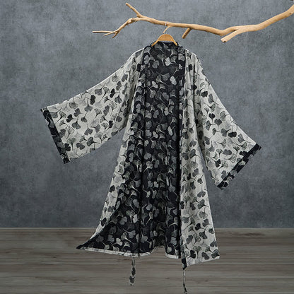 Kimono Ownkoti en coton noir et blanc à feuilles de ginkgo - Blanc - 2XL - image 7
