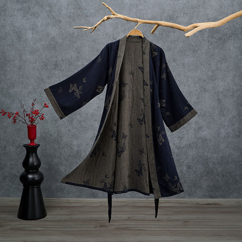 Kimono Ownkoti bleu marine à papillons en coton double gaze - Marine - 2XL - image 0