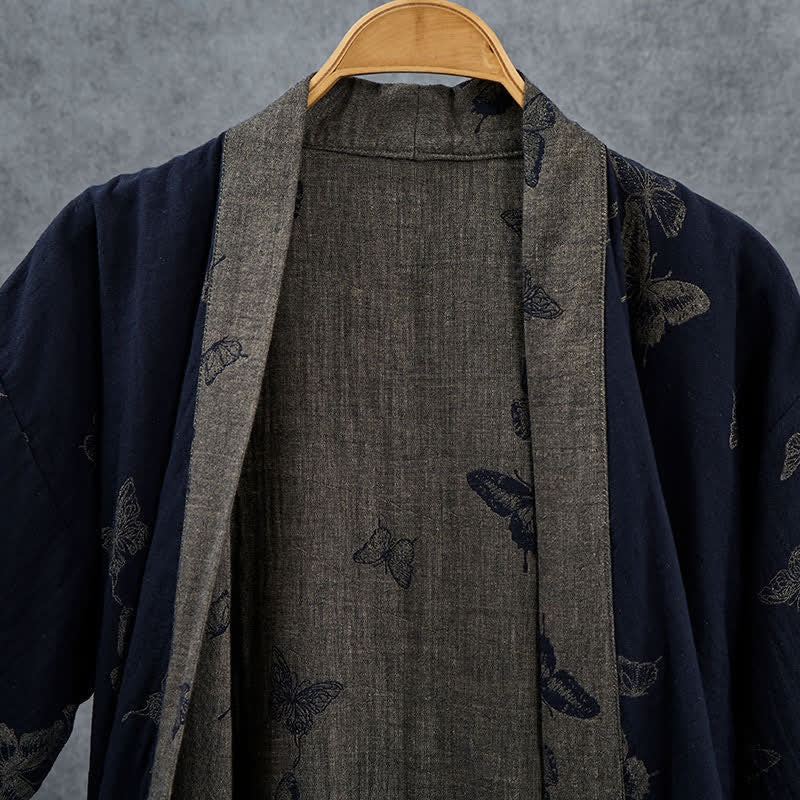 Kimono Ownkoti bleu marine à papillons en coton double gaze - image 3