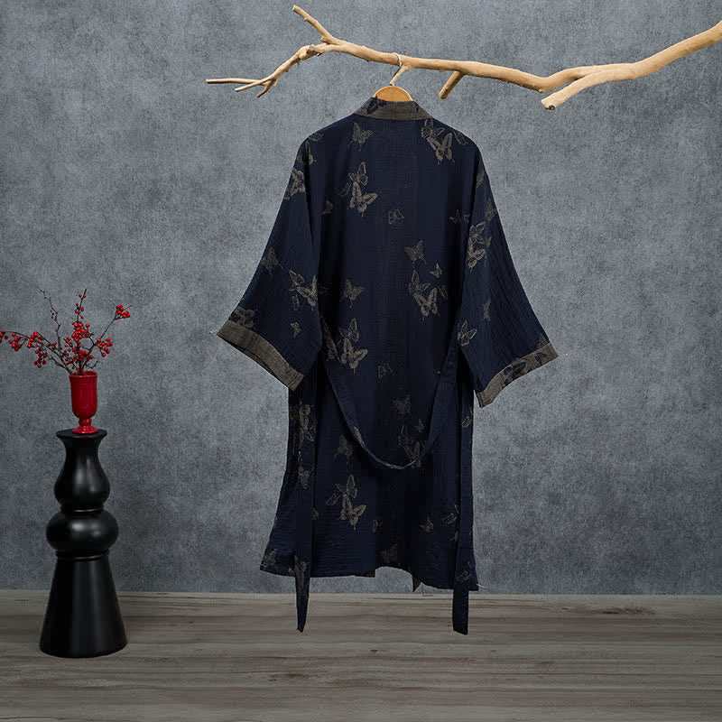 Kimono Ownkoti bleu marine à papillons en coton double gaze - image 1