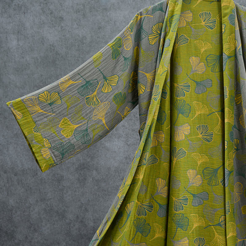 Kimono en coton vert et gris à motif de ginkgo Ownkoti - image 9