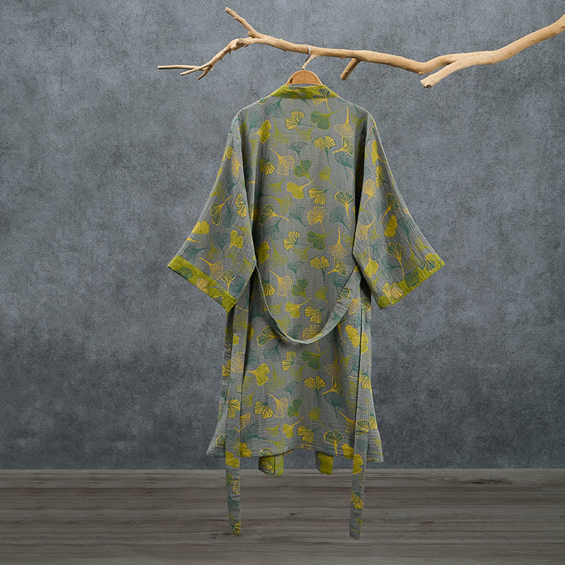 Kimono en coton vert et gris à motif de ginkgo Ownkoti - image 8