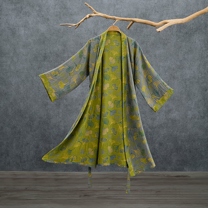 Kimono en coton vert et gris à motif de ginkgo Ownkoti - Gris - 2XL - image 7